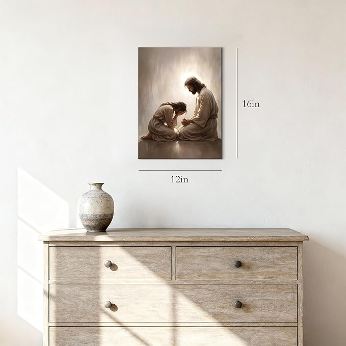 Jesus and Woman Wall Art, Christian Repentance and Forgiveness Canvas Painting, Sacred Heart Biblical Wall Decor Pictures Religious Poster Prints for LDS Home Living Room Prayer Room 12×16 in Framed
