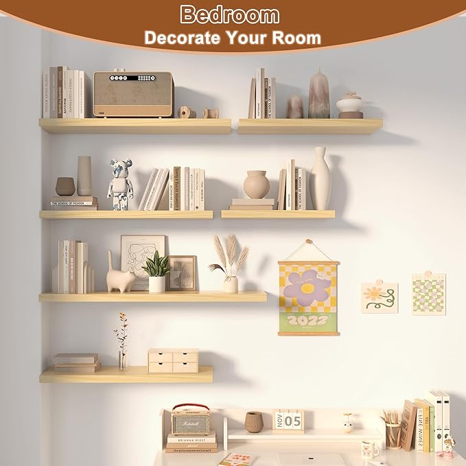 12 Inch Deep Floating Shelves for Wall 3 Pack Floating Shelfs Large Storage Space Wall Decor Display Shelf for Bathroom Living Room Bedroom Kitchen 23.8" W x 12" D x 1.2" H Natural Wood