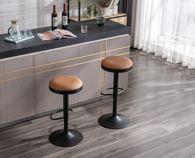 CIMOTA Swivel Round Bar Stools Set of 1 Backless Adjustable Counter Height Barstools Modern Industrial PU Leather Bar Stool Chair for Kitchen/Home Bar/Pub/Bistro/Office, Retro Brown