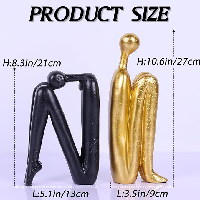 Thinker Statue Decorative Bookends,1 Pair/2 PCS Book Ends for Shelves Unique Modern Book Stopper for Heavy Books, Abstract Aesthetic Decor, Modern Home Bookshelf Decoration (Black Gold)