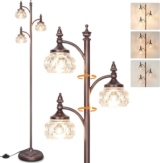 JUNNAI Brown Glass Floor Lamps for Living Room 66.5'' Standing Lamp with 3 Brightness Lights Vintage Mid Century Modern Pole Bronze Tree Lamp for Bedroom Office(3LED Bulbs Included)