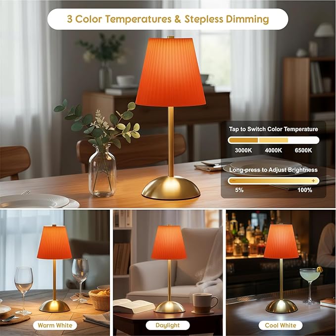 Set of 2 Cordless Table Lamps Rechargeable, 3CCT & Stepless Dimming, LED Wireless Outdoor Table Lamp with Touch Activation for Tabletop Bedside Patio, 12 * 5 Inches (Tangerine Orange)