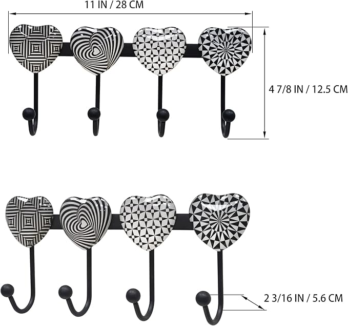 Coat Rack Wall Mounted with 4 Hooks, Heart Geometric Pattern Decorative Wall Hooks for Hanging Hat, Key, Towel, Purse, Bag and Robe, for Entryway, Bathroom, Hall Organizer Hanger Rack - Metal