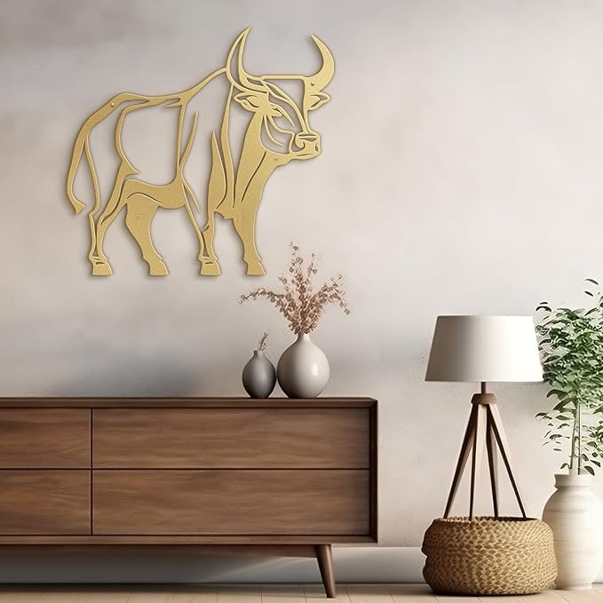 SIGNLEADER Metal Wall Art Decor Ferocious Cow Minimalist Modern Abstract Wall Sculpture Hangings Home Decoration for Living Room, Bedroom, Bathroom, Kitchen, Outdoor - 18" Gold