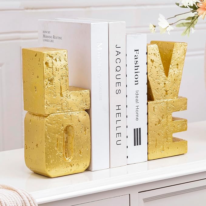 Book Ends Decorative Love Design,Modern Heavy Duty Gold Bookends for Shelves,Resin Book Holders, Book Stoppers for Home Desk Decoration, Unique Love Sculpture Bookends,Gifts for Christmas's Day