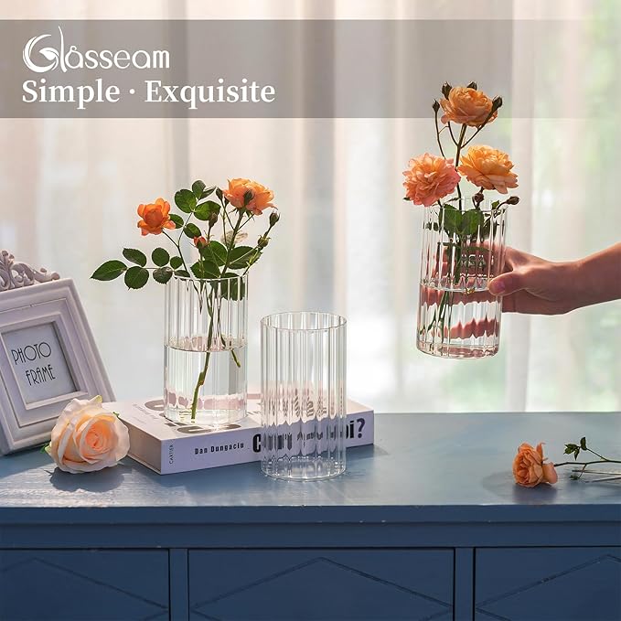 Glasseam Glass Cylinder Vases for Centerpieces: 12pcs Clear Ribbed Flower Vase for Pillar Candle - 6 Inch Modern Hurricane Floating Candle Holder for Wedding Table Centerpieces Living Room Home Decor