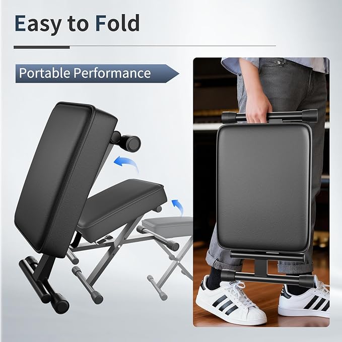 Keyboard Bench Adjustable Piano Stool - 3 Levels of Height,Thickened 3.5inch Cushion,Comfortable and Supportive,Portable Piano Bench,Non-Slip and Durable,Suitable for Beginners&Outdoor Players (Black)