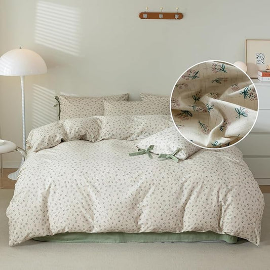 LifeTB Vintage Floral Duvet Cover Full Garden Style Aesthetic Green Flower Comforter Cover with Zipper Closure Boho Cottagecore Duvet Cover Botanical Cotton Comforter Cover with 2 Bowknot Pillowcases