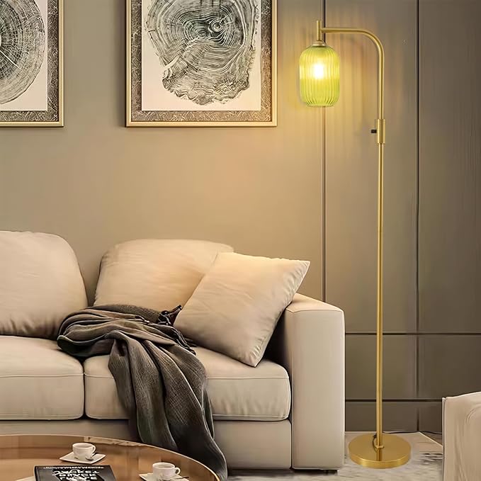 Asmymhd Dimmable Brass Gold Floor Lamp, Mid Century Modern Standing Lamp with Ribbed Green Glass Lampshade,Tall Lamp for Living Room Bedroom Study Room