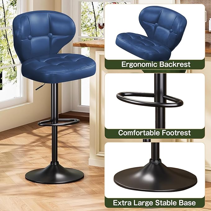 Bar Stools Set of 2, Adjustable Swivel Bar Chairs with 360° Rotation, Padded Counter Stools with Back and Footrest for Kitchen Island, Bistro, Cafe, and Home Use Blue