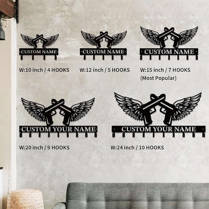 Personalized Custom Name Gun Wall Hooks,Metal Gun Room Art Clothes Hooks,Metal Gun Wall Home Storage Decorative,For Front Door, Hallway, Kitchen, Bedroom,Keys,Hats (Style D)