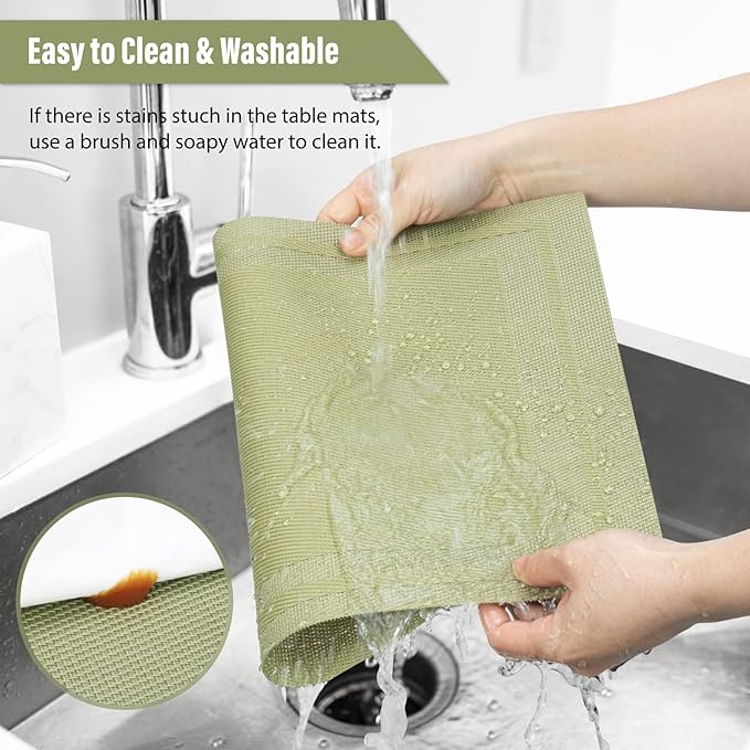 Winknowl Placemats Set of 6，Heat Resistant Woven Vinyl Washable PVC Place Mats，Non-Slip Stain Resistant Indoor/Outdoor Table Mats for Dining Table (Green)