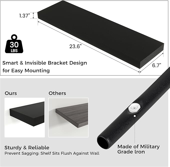 Floating Shelves for Wall 24"W x 6.7"D x 1.37"H, Engineered Wood Wall Shelves with Invisible Brackets for Living Room Bedroom Bathroom Office Kitchen Decor and Storage, Black Finish, Set of 2