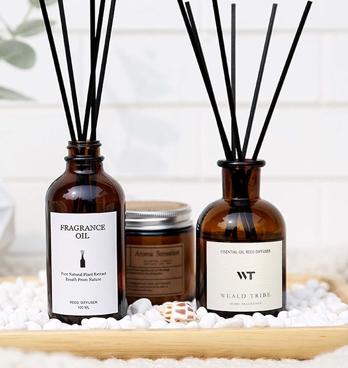 WEALD TRIBE Reed Diffuser Set for Bathroom Air Fresheners, Oil Diffuser Sticks | Sandalwood & Ebony Scent 4.0 fl oz Home Fragrance with Sticks Defusers | House Bedroom Office Shelf Decor