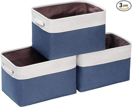 Kntiwiwo Foldable Storage Bin Collapsible Fabric Storage Basket Cube with Durable Handles Closet Organizer Bins for Organizing Shelves Drawers, Set of 3, 15" x 10" x 9.5", Blue