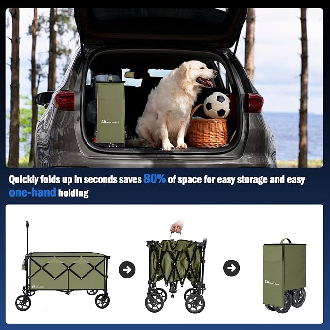 Moon Lence Collapsible Folding Wagon Cart Heavy Duty Folding Garden Portable Hand Cart with All-Terrain Beach Wheels, Adjustable Handle & Drink Holders (Green)