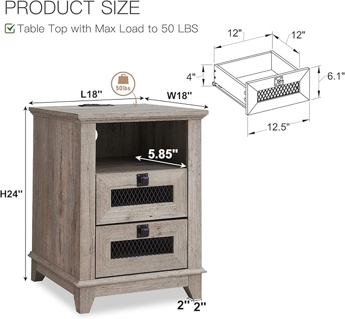 Nightstand with Charging Station,OKD 18'' Industrial & Farmhouse End Table with 2 Drawers & Open Cubby, Rustic Mesh Drawer Sofa Side Table w/Storage for Bedroom, Living Room, Office, Light Rustic Oak