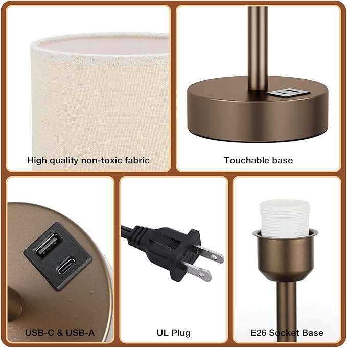 Dicoool Beige Touch Table Lamp for Bedroom - 3 Way Dimmable Bedside Lamp with USB, Nightstand Lamp with Brown Charging Station for Desk, Dorm, Office