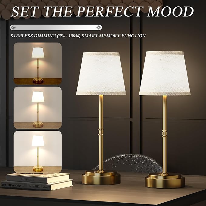 Cordless Table Lamp Rechargeable, Antique Brass LED Touch Lamp with 7500mAh Battery - Portable Dimmable Light for Dining Room, Patio & Bedroom, 2-in-1 Adjustable Height (16"/11", Warm White)