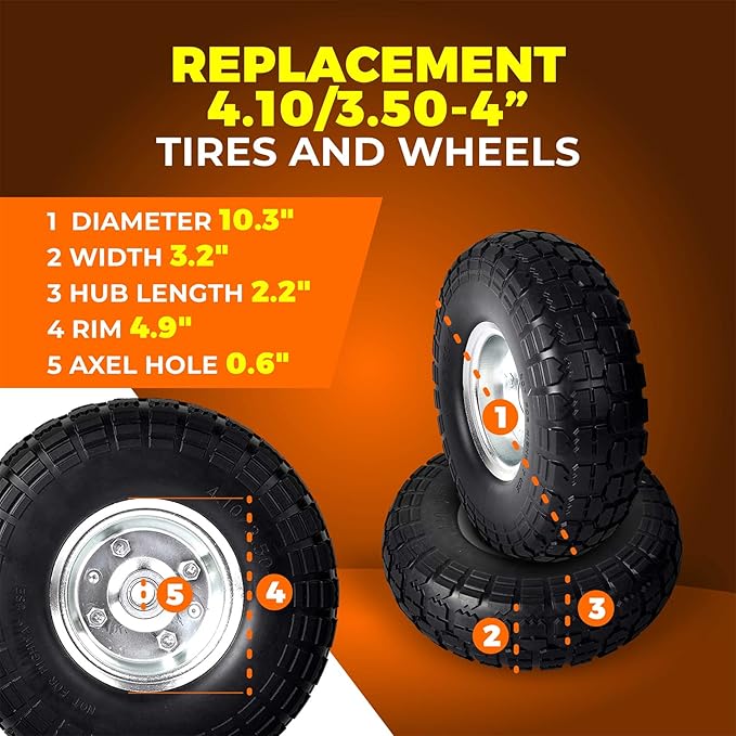 AR-PRO (2-Pack) 10-Inch Solid Rubber Tire Wheels - Replacement 4.10/3.50-4" Flat Free Tire with 5/8" Bearings, 2.2" Offset Hub - Compatible with Hand Truck, Wheelbarrow, Dolly, Gorilla Carts