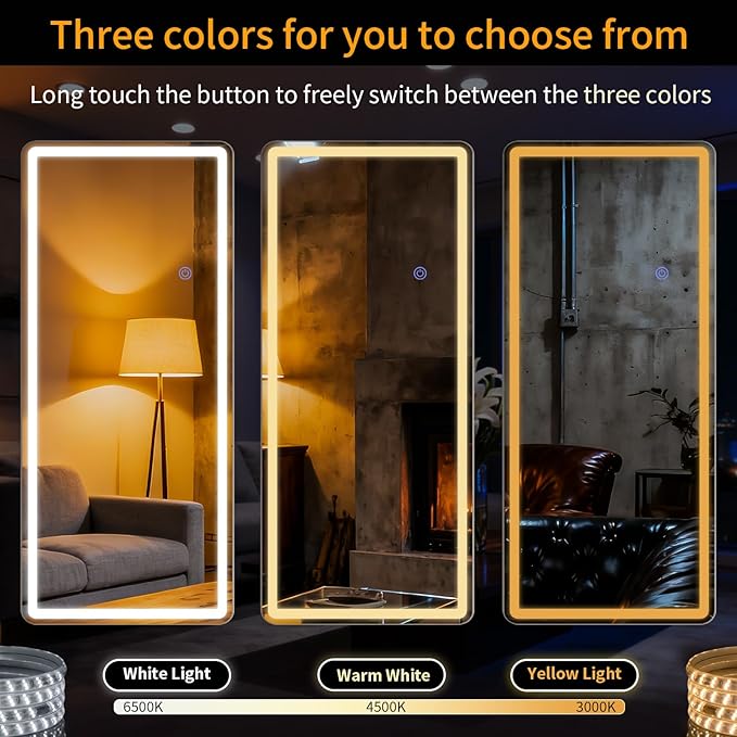 Led Mirror Full Length 16 x 60 Inch Tempered Glass Full Body Mirrors with Dimming & 3 Color Lighting Standing Leaning or Hanging Full Length led Mirrors for Bedroom Dressing Room Rect