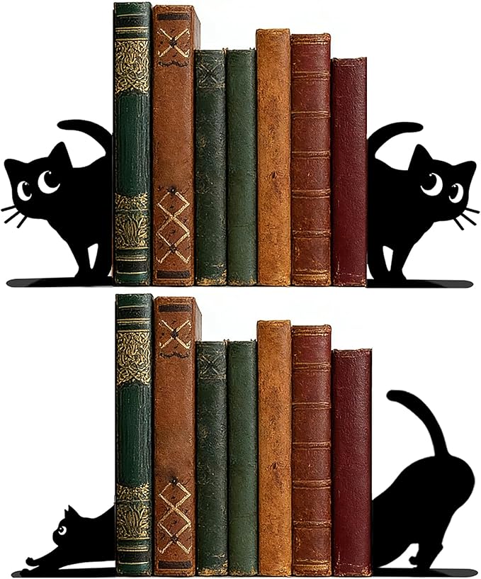 4 Pcs Cat Metal Bookends - Cute Cats Book Ends for Shelves Decorative, Home Office Desk Bookshelf Decor, Gift for Cat Lovers and Reading Enthusiasts, Christmas Reading Gifts for Women
