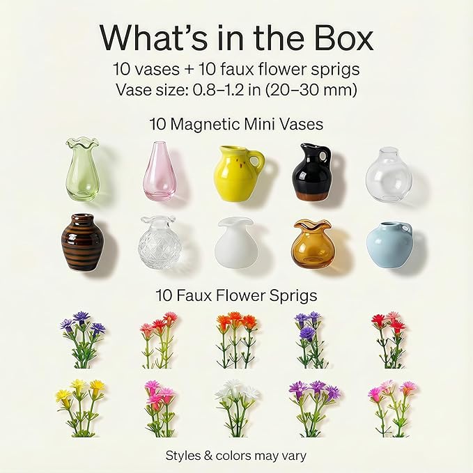 10-Pack Magnetic Mini Bud Vases Gift Set – Mixed Ceramic & Glass Holders for Fridge, Locker & Whiteboard – Upgraded Slam-Proof Magnets – Cute Bulk Gifts for Coworkers, Teachers & Office Decor