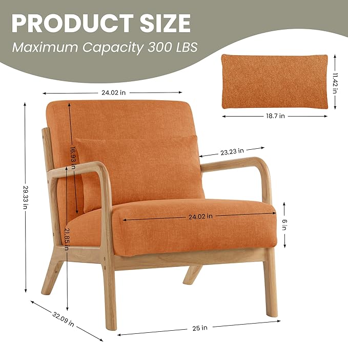 Aunekiv Accent Chair with Pillow Upholstered Mid-Century Chair Living Room Chair for Small Space Solid Wood Frame Reading Chair with Soft and Thick Cushion Armchair for Bedroom Balcony Orange 1PC