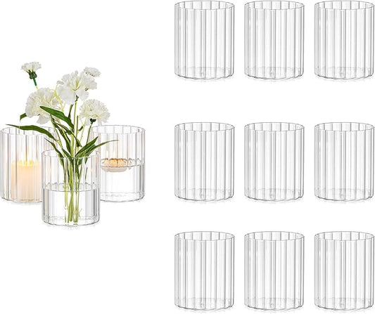 Glasseam Glass Cylinder Vases for Centerpieces: 12pcs Clear Ribbed Flower Vases for Pillar Candle - 4 Inch Modern Hurricane Floating Candle Holder for Wedding Table Centerpieces Living Room Home Decor