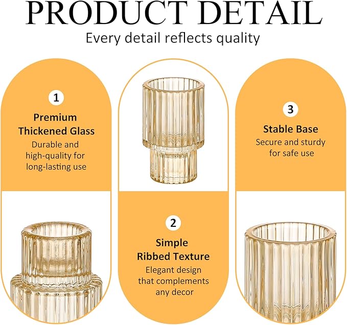 Vintage Ribbed Amber Glass Candle Holders Set of 12, 3 Assorted Sizes for Pillar, Tealight & Votive Holders, Elegant Glass Candlestick Holders for Table Centerpiece Wedding Christmas Decor
