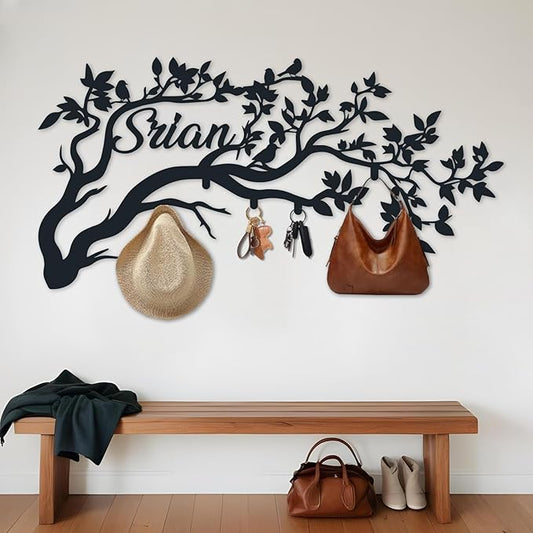 Custom Last Name Sign, Tree Branches Wall Coat Rack, Metal Hat Rack Name, Tree Hooks Metal Decor, Mounted Coat Hanger, Entryway Wall Art Signs