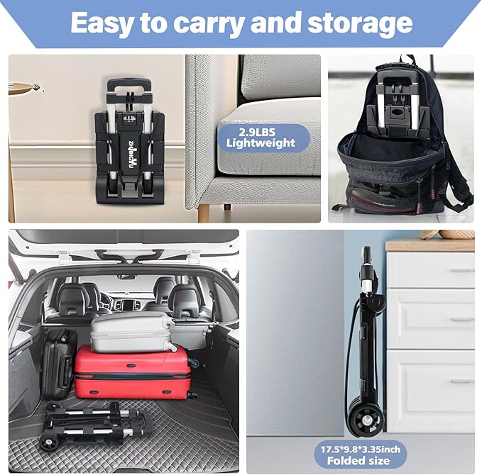 Folding Hand Truck Aluminum Trolley,Small Dolly, Foldable Hand Cart Collapsible 2 Wheel Luggage Trolley Dolly Expandable Large Chassis Foldable into Backpack