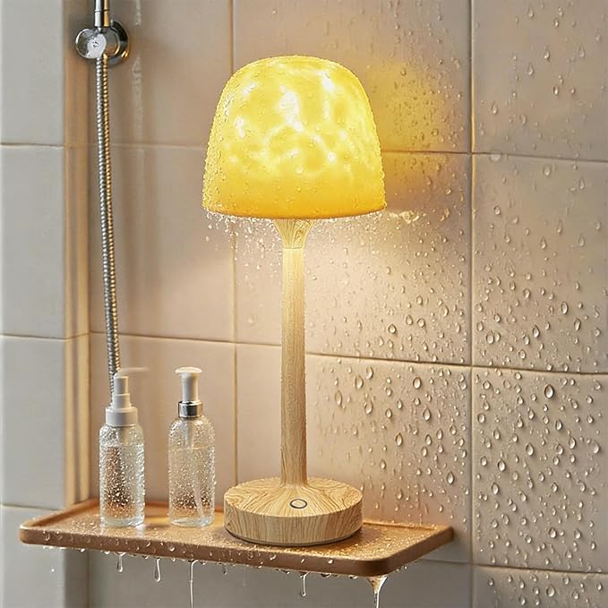 Spa-Like Shower Lamp - Waterproof Bathroom Lamp with 16 Color Ocean Wave Projector, Cordless Light for Inside Shower/Bathtub Bedroom Living Room Kitchen Decor (Wood Grain)