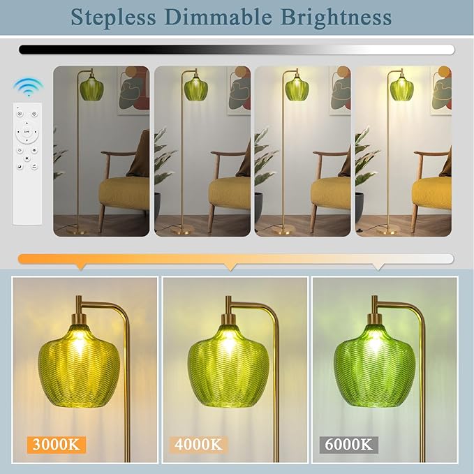 JERANDO Gold Floor Lamp for Living Room, Modern Standing Lamp with Remote, 3CCT Dimmable Stained Glass Tall Lamp with Green Lampshade, Mid Century Vintage Floor Lamps for Bedroom, Study Room (Green)