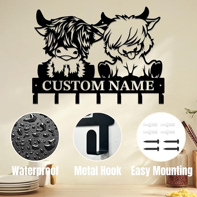 magilab Personalized Custom Highland Cow Wall Hooks,Metal Highland Cow Art Clothes Hooks,Metal Highland Cow Wall Home Storage Decorative,for Front Door, Hallway, Kitchen, Bedroom,Keys,Hats (Style C)