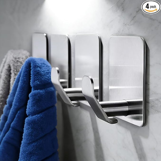 DELITON Adhesive Hooks - 4 Pack Towel Hooks Brushed Stainless Steel, Wall Hooks for Hanging Towels, Clothes, Keys, Stick to Bathroom, Kitchen or Bedroom