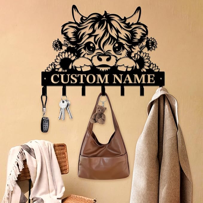 magilab Personalized Custom Highland Cow Wall Hooks,Metal Highland Cow Art Clothes Hooks,Metal Highland Cow Wall Home Storage Decorative,for Front Door, Hallway, Kitchen, Bedroom,Keys,Hats (Style A)