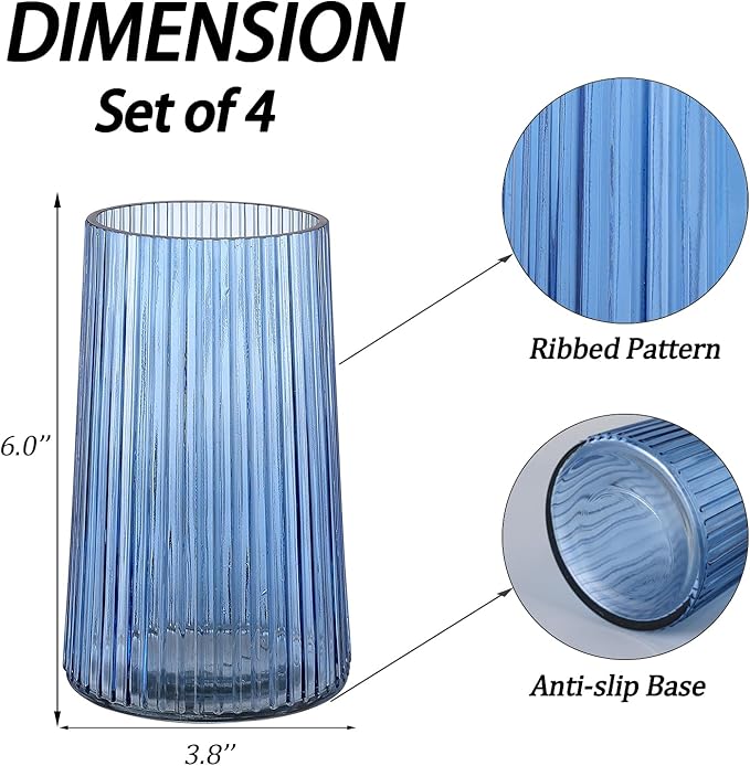 Blue Glass Vases Set of 4, Small Vases for Flowers, Flower Vase for Bouquet, Modern Ribbed Glass Vase for Living Room, Bedroom, Dining Table, Office, Wedding, Centerpieces