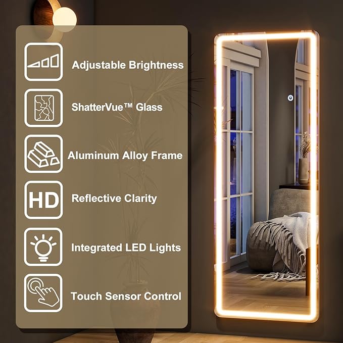 HARRITPURE LED Full Length Mirror - 60" x 16" LED Full Body Mirrors with Stand, Floor Standing Mirror with Lights for Bedroom/Cloakroom -Dimmable & 3 Color Lighting/Wall Mounted