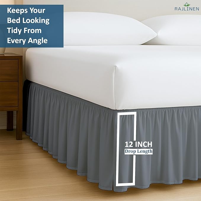 Rajlinen Ruffled Bed Skirt California King, 12 Inch Drop Dust Ruffle with Split Corners, 100% Microfiber Bedskirt with Platform, Three-Sided Coverage Ruffled Gathering Design, Dark Grey