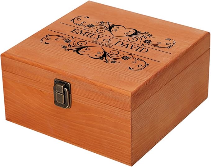 Personalized Wedding Keepsake Box Custom Name Date, Wooden Memory Box Wedding Gift Box for Couples Newlyweds - Customized Gifts for Bridal Shower Anniversary Engagement Christmas