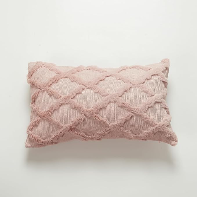 EMMTEEY Boho Throw Pillow Covers 12X20 - Single-Side Fluffy Stripe Stitching Embroidery, Wrinkle Resistant Pillow Case for Couch/Living Room/Bedroom Décor, Pink