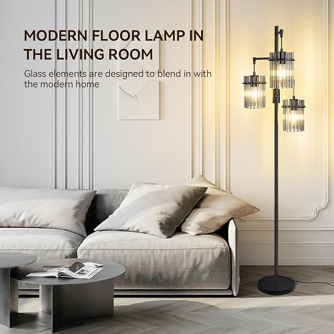 VOUTOORO Industrial Modern Floor Lamps for Living Room, Dimmable Glass Tree Standing Tall Lamps with 3 Elegant Teardrop Cage Head & 1200 Lumens LED Bulbs for Bedroom Office (66inch Tall)