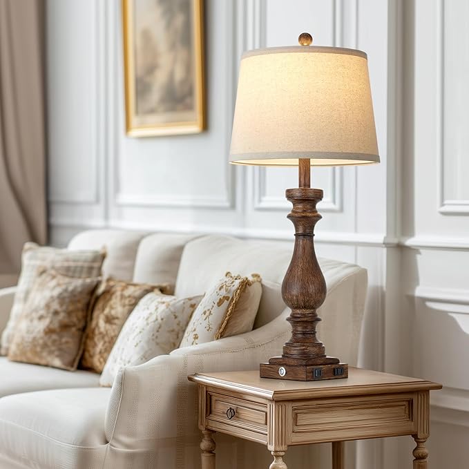 29" Farmhouse Brown Table Lamp for Living Room Set of 2,Vintage Bedside Nightstand Lamps with USB C+A Ports & AC Outlet,3-Way Dimmable Touch Retro Lamp for Bedroom,Brown