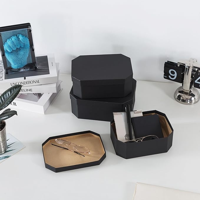 Soul & Lane Octagon Textured Decorative Boxes in Black - Set of 3: Unique Nesting Gift Set, Durable Cardboard Storage for Organizing, Memory Boxes for Keepsakes