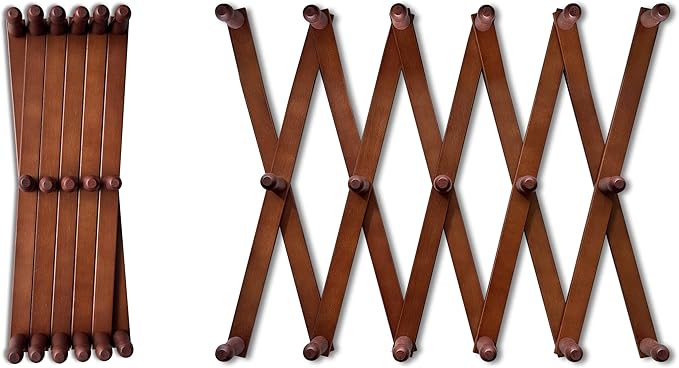 Expandable Wooden Coat Rack Hanger – Accordion Wall Mounted Pine Wood Hooks – Hand Made Vintage Expending Pegs – Hang Coat, Jacket, Hat, Leash, Towel, Mug, Bag – 17 Hook, Dark Walnut