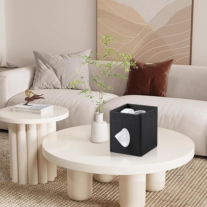 Square Tissue Box Cover with Tray, PU Leather Tissue Box Holder Decorative Cube Tissue Holder for Bathroom Bedroom Office (Black)