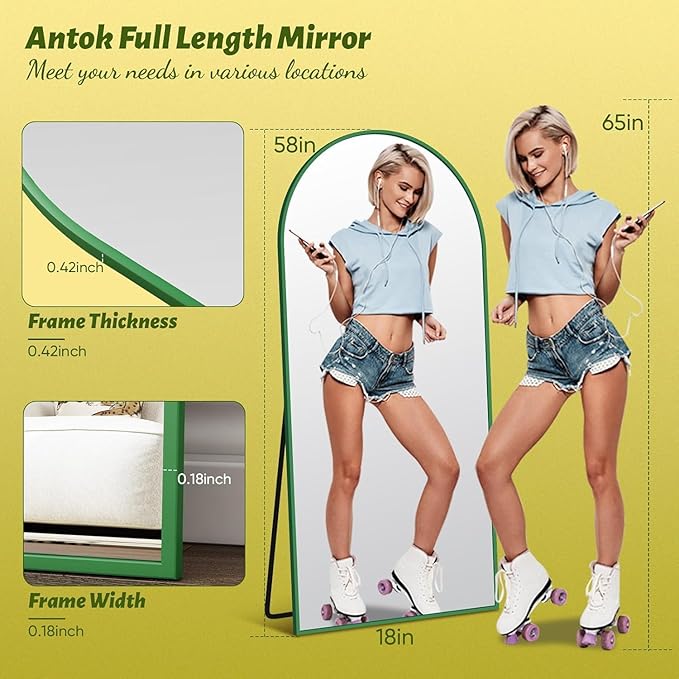 Antok Full Length Mirror, 58"x18" Floor Mirror, Arched Floor Standing Freestanding Arch Full Body Mirrors with Stand for Bedroom, Hanging Mounted for Living Room Cloakroom,Green