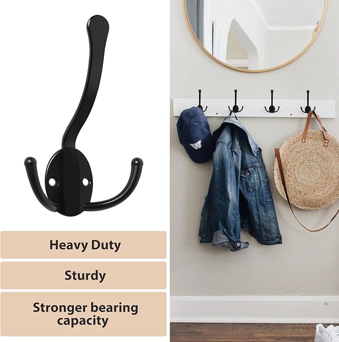 20 Pack Coat Hooks Heavy Duty, Metal Three Prongs Large Coat Hooks Wall Mounted with 40 Screws, No Rust Black Rustic Wall Hooks for Hanging Towel, Coat, Scarf, Bag, Hat, Cup, Key