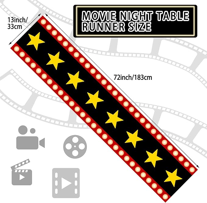 13 x 72 Inch Movie Night Table Runner with Gold Star Design - Movie Night Black Carpet Decoration for Birthday Party Supplies （Black）